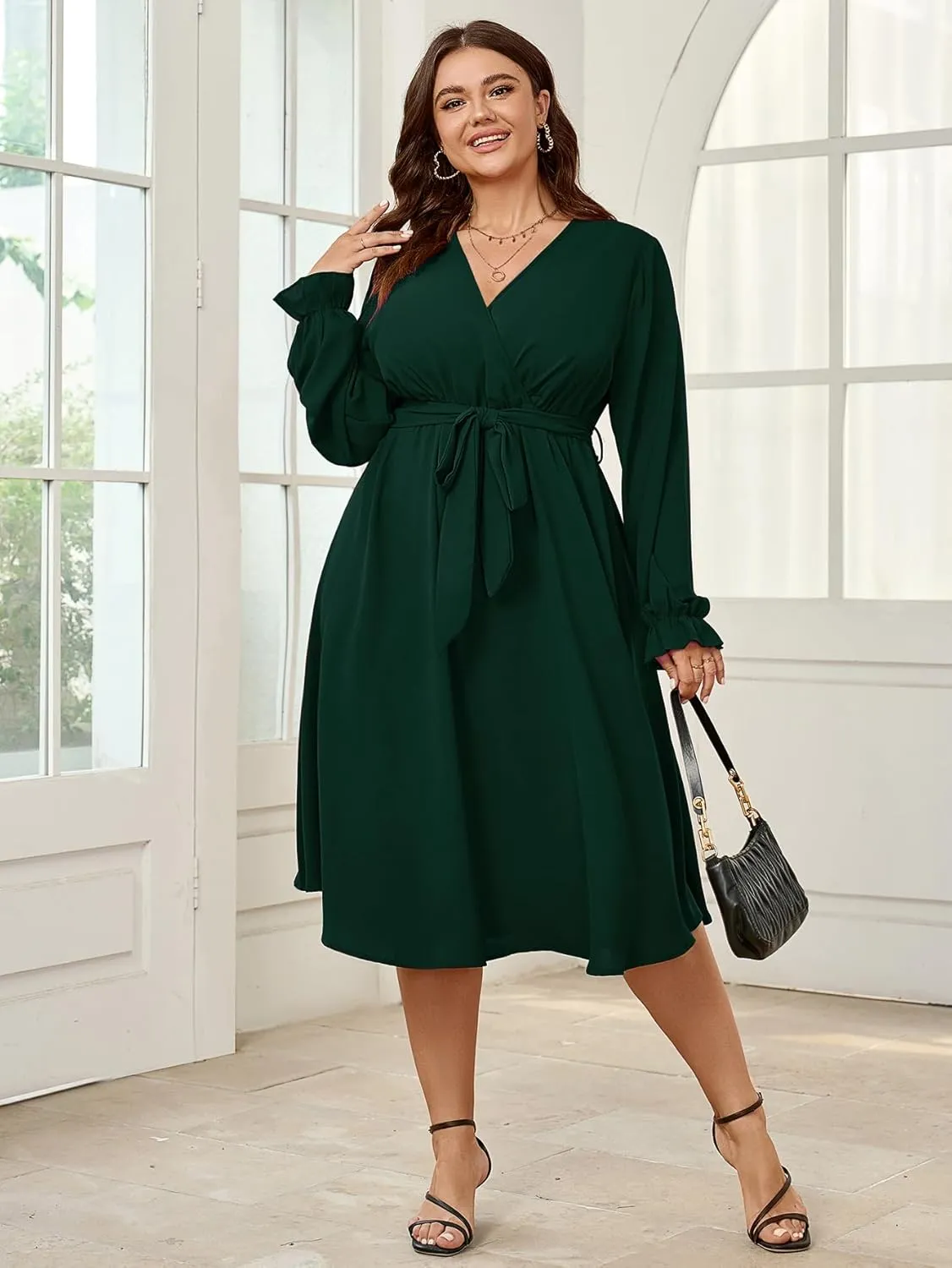 SCOMCHIC Womens Plus Size Wedding Guest Cocktail Midi Dress Winter Long Sleeve Wrap V Neck Belted A-Line Flowy Party Dress