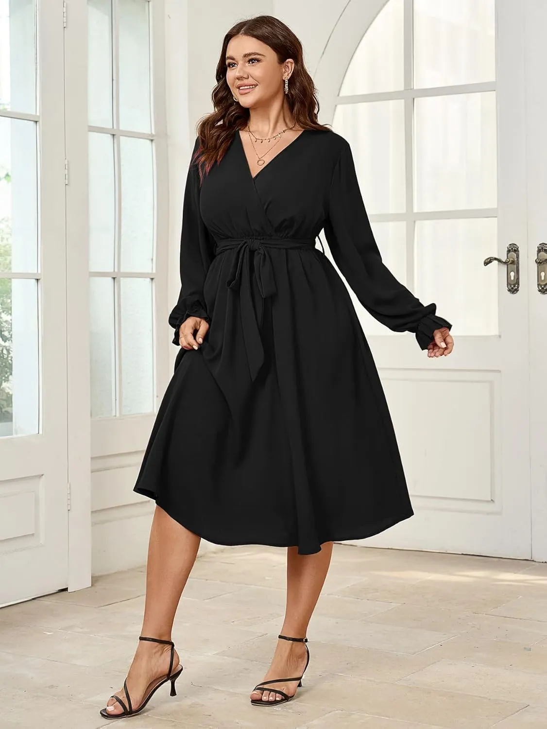 SCOMCHIC Womens Plus Size Wedding Guest Cocktail Midi Dress Winter Long Sleeve Wrap V Neck Belted A-Line Flowy Party Dress