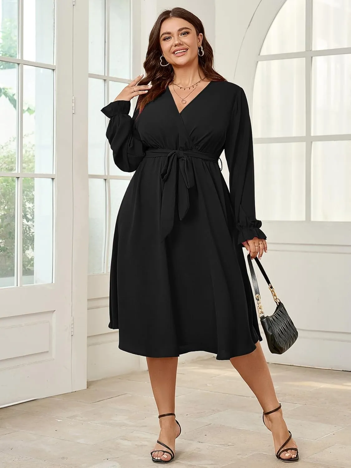 SCOMCHIC Womens Plus Size Wedding Guest Cocktail Midi Dress Winter Long Sleeve Wrap V Neck Belted A-Line Flowy Party Dress