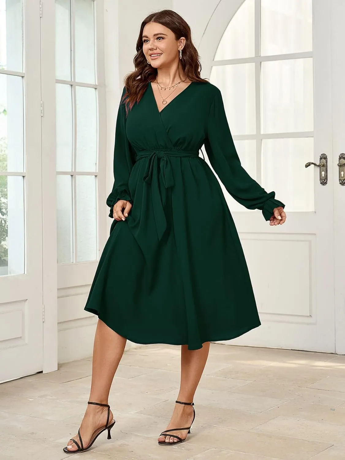 SCOMCHIC Womens Plus Size Wedding Guest Cocktail Midi Dress Winter Long Sleeve Wrap V Neck Belted A-Line Flowy Party Dress