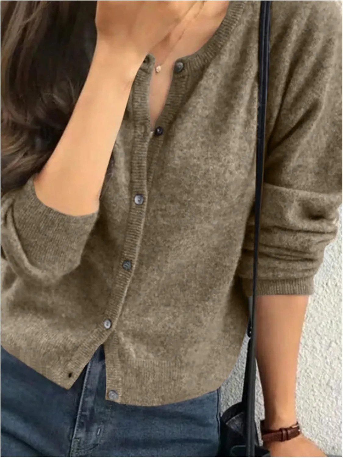 SHENHE Women's Crewneck Button Down Long Sleeve Cardigan Loose Casual Sweater Top