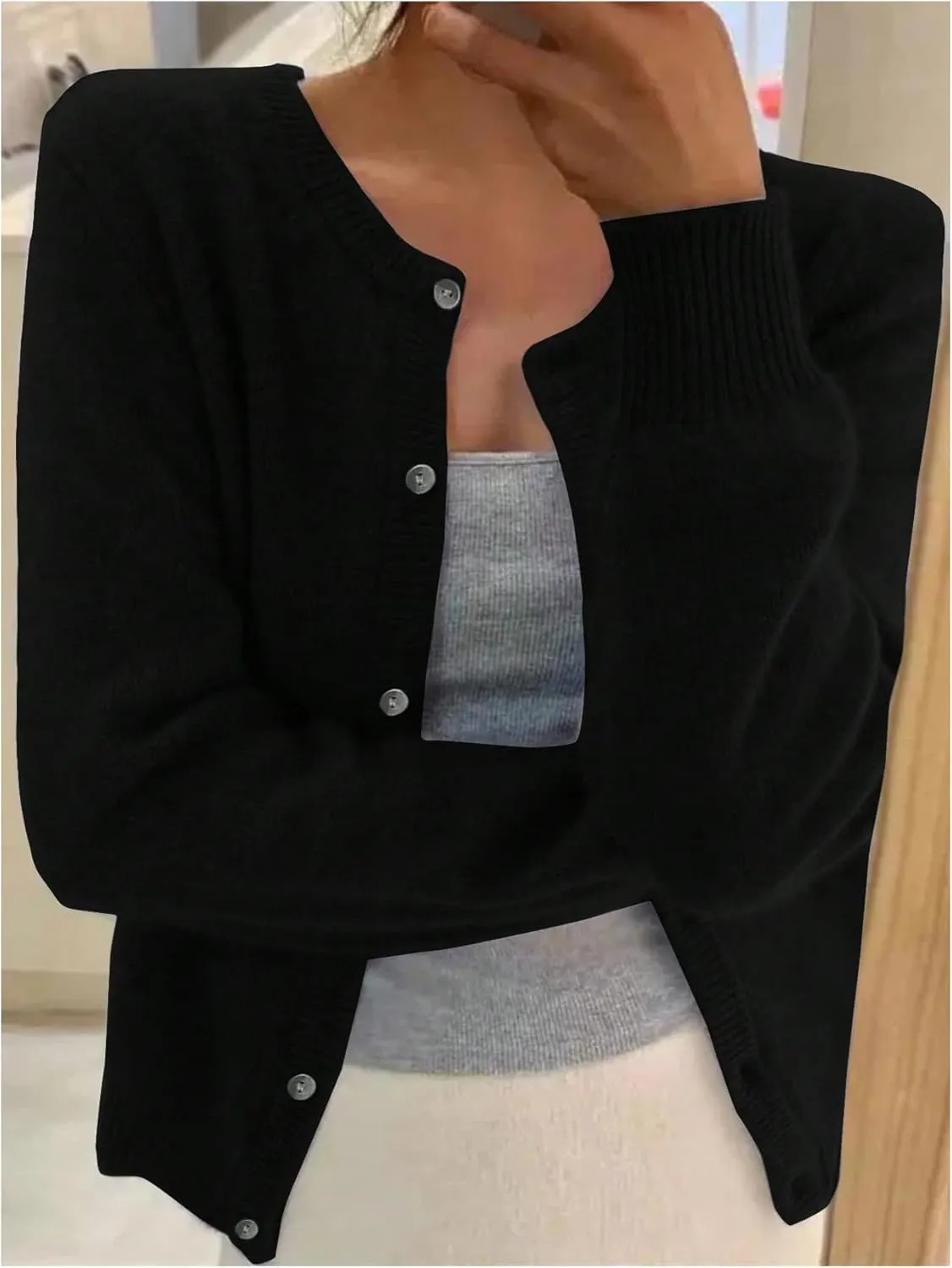 SHENHE Women's Crewneck Button Down Long Sleeve Cardigan Loose Casual Sweater Top