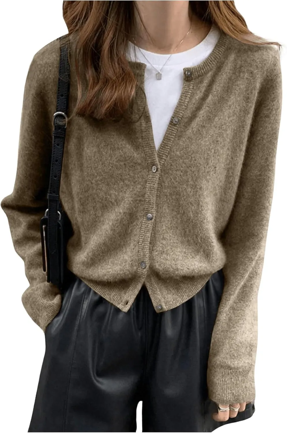 SHENHE Women's Crewneck Button Down Long Sleeve Cardigan Loose Casual Sweater Top