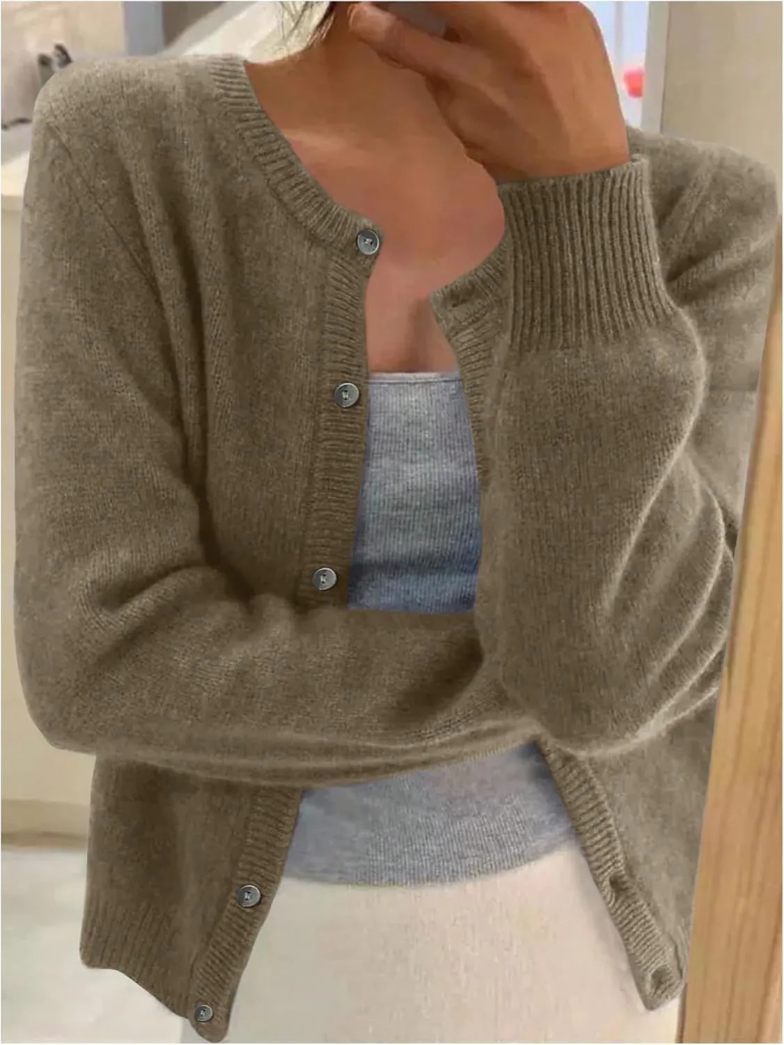 SHENHE Women's Crewneck Button Down Long Sleeve Cardigan Loose Casual Sweater Top