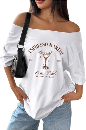 SHENHE Women's Oversized Off The Shoulder Graphic T Shirt Short Sleeve Casual Vintage Tee Top