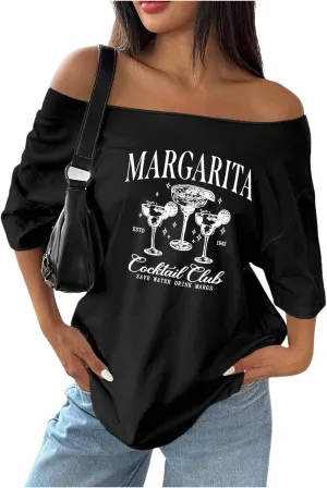 SHENHE Women's Oversized Off The Shoulder Graphic T Shirt Short Sleeve Casual Vintage Tee Top
