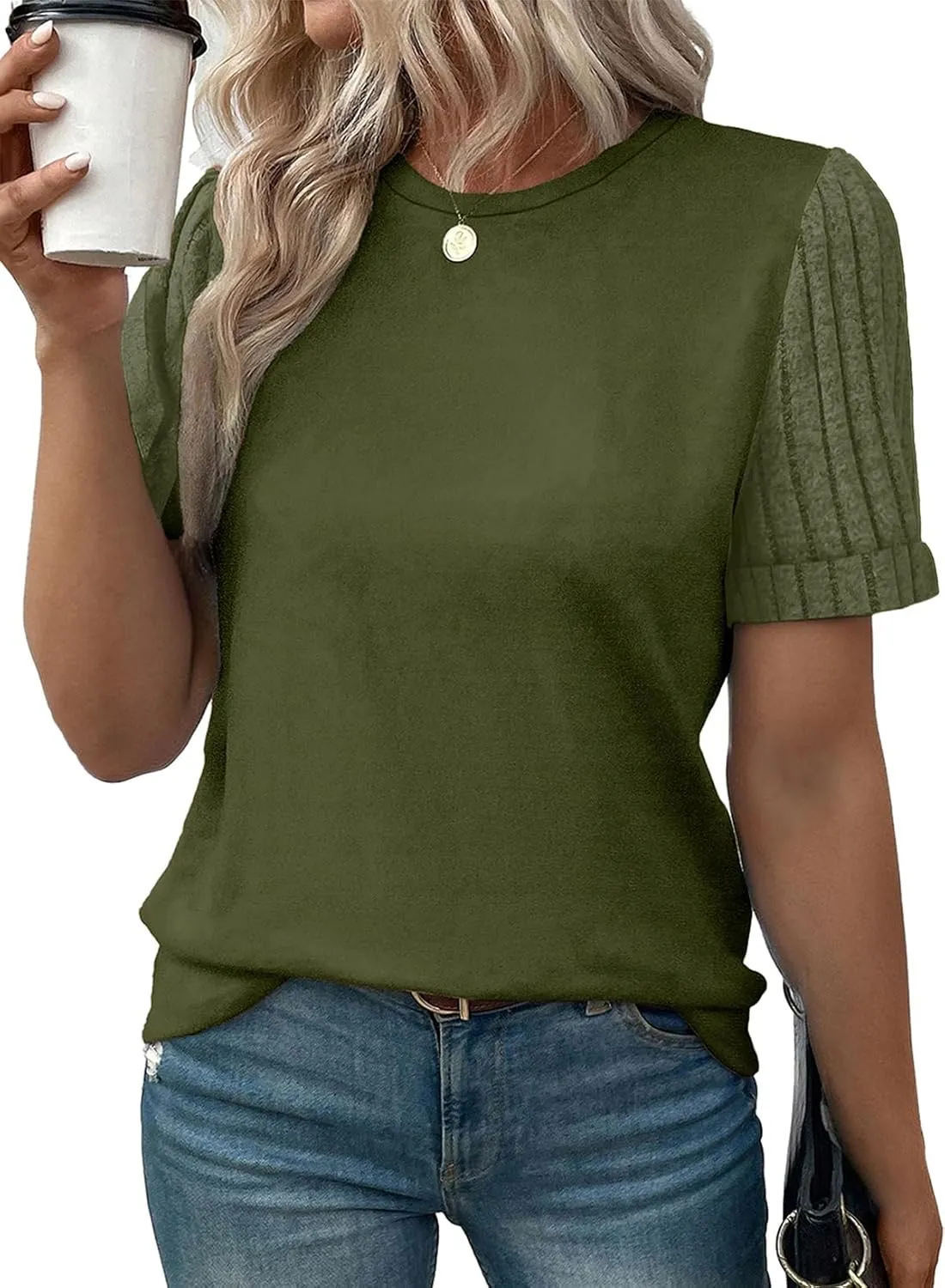 SHEWIN Women's Short Sleeve Summer Tops Crewneck Knit Solid Loose Casual Basic T Shirts Tee Blouses