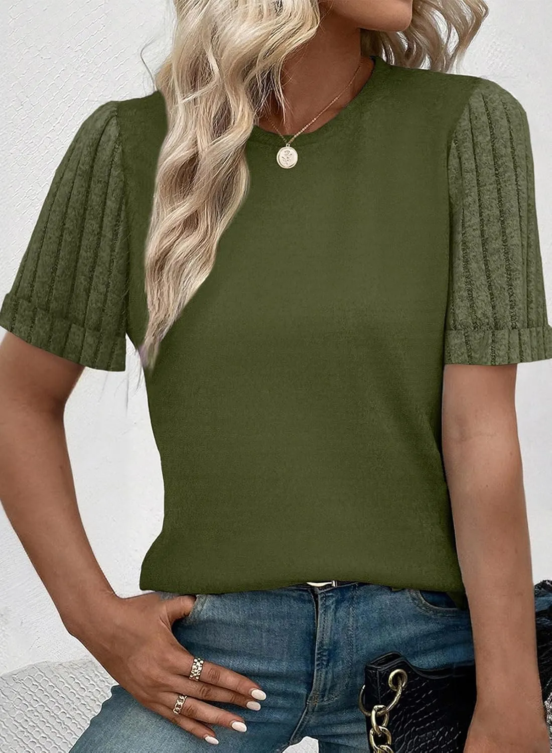 SHEWIN Women's Short Sleeve Summer Tops Crewneck Knit Solid Loose Casual Basic T Shirts Tee Blouses