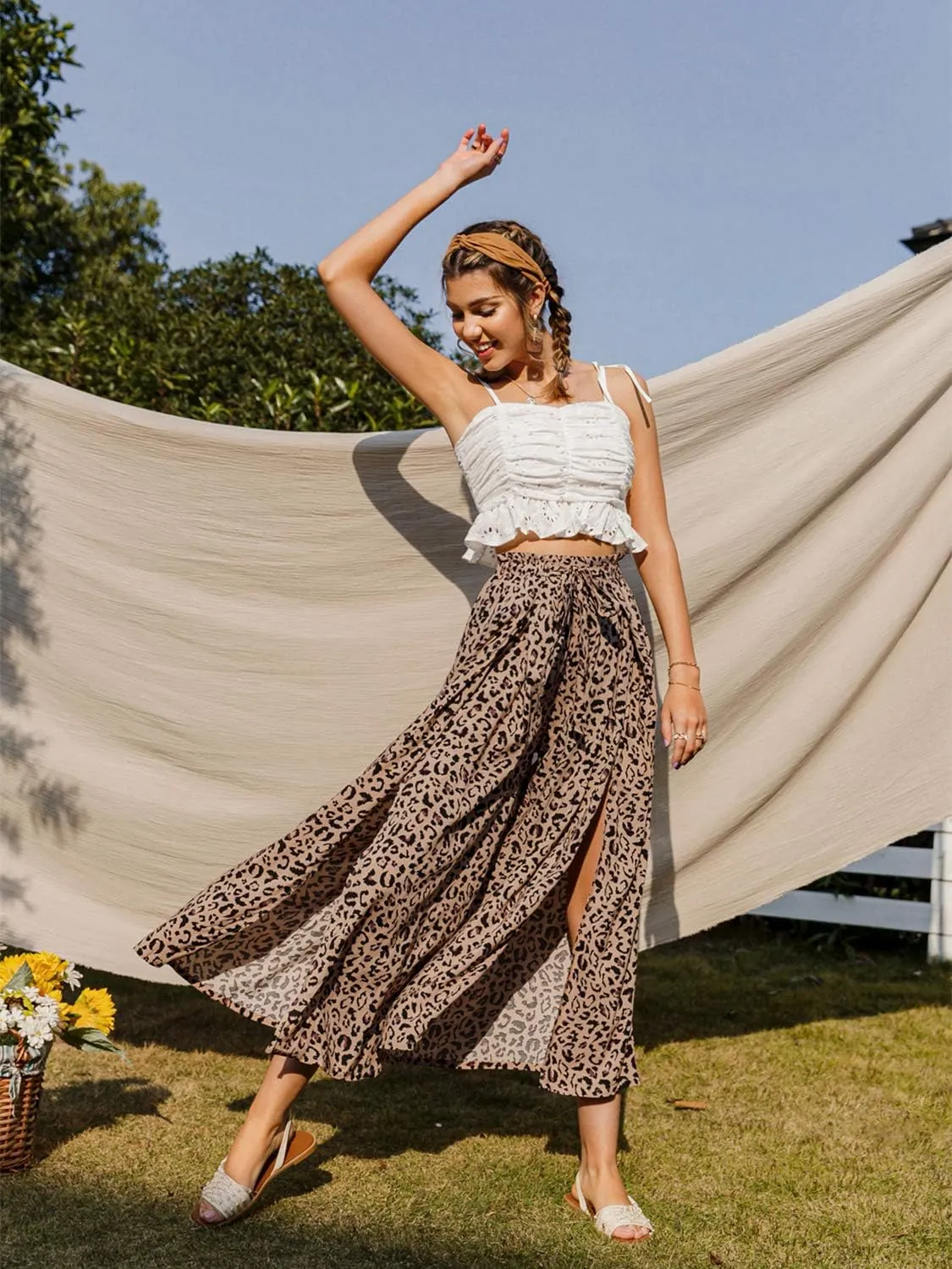 Simplee Women's Casual Split Wide Leg Pants High Waist Palazzo Flowy Beach Pants Summer Boho Lounge Pants with Pockets