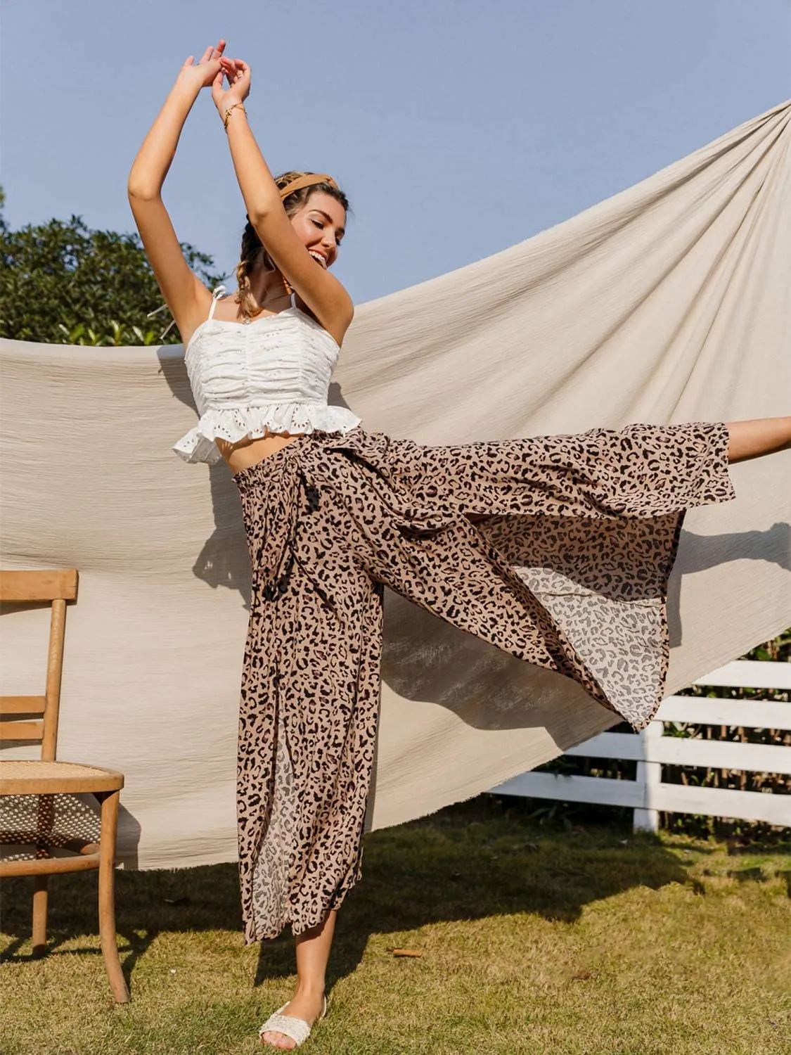 Simplee Women's Casual Split Wide Leg Pants High Waist Palazzo Flowy Beach Pants Summer Boho Lounge Pants with Pockets