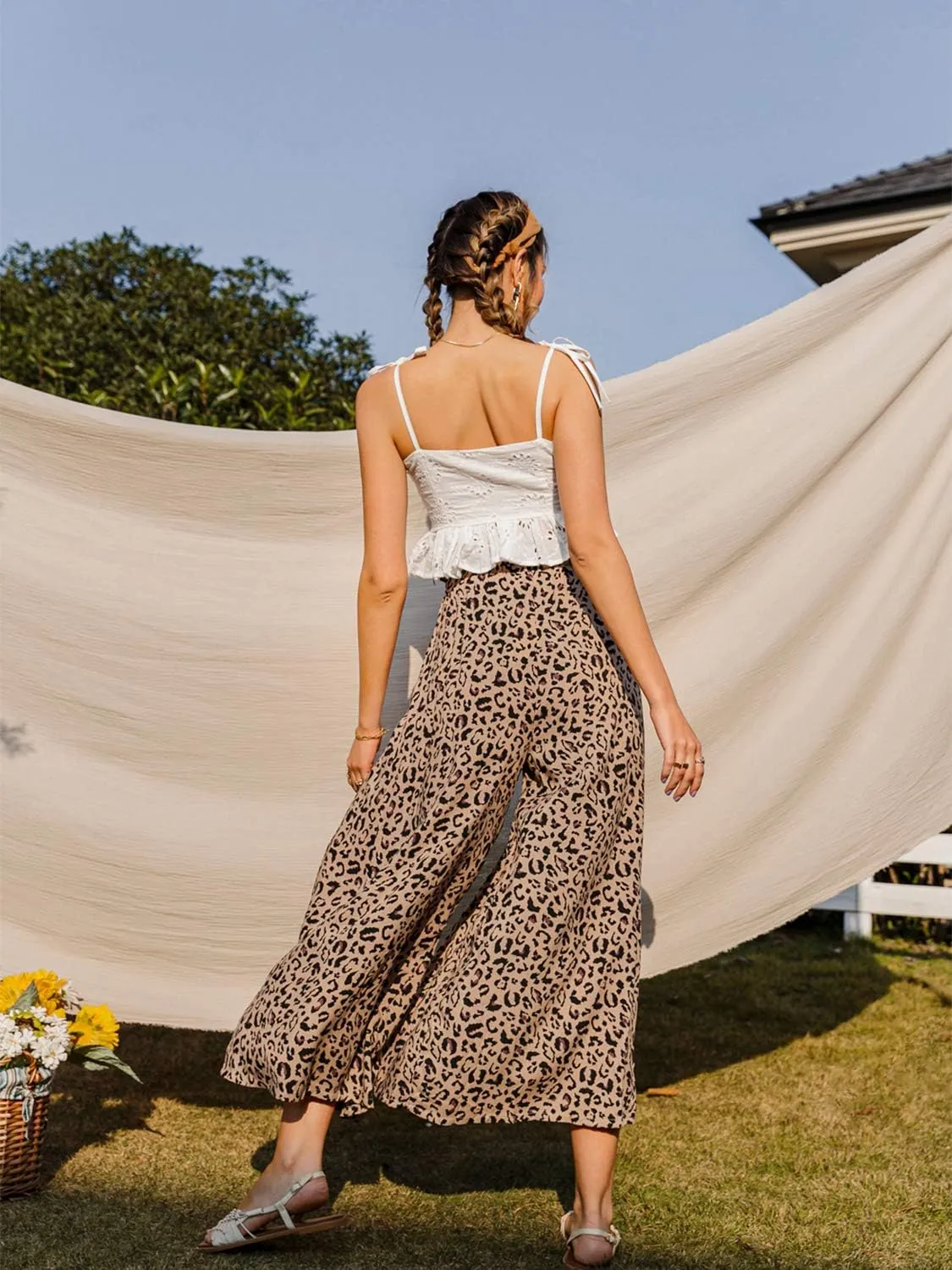 Simplee Women's Casual Split Wide Leg Pants High Waist Palazzo Flowy Beach Pants Summer Boho Lounge Pants with Pockets