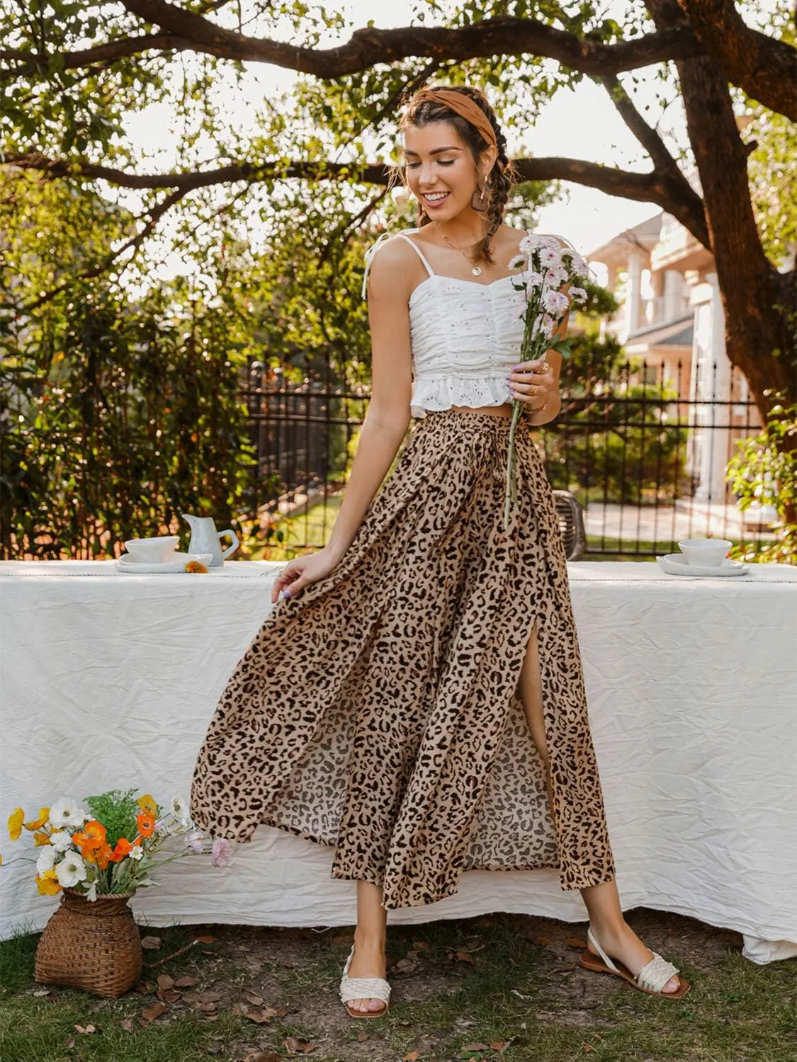 Simplee Women's Casual Split Wide Leg Pants High Waist Palazzo Flowy Beach Pants Summer Boho Lounge Pants with Pockets