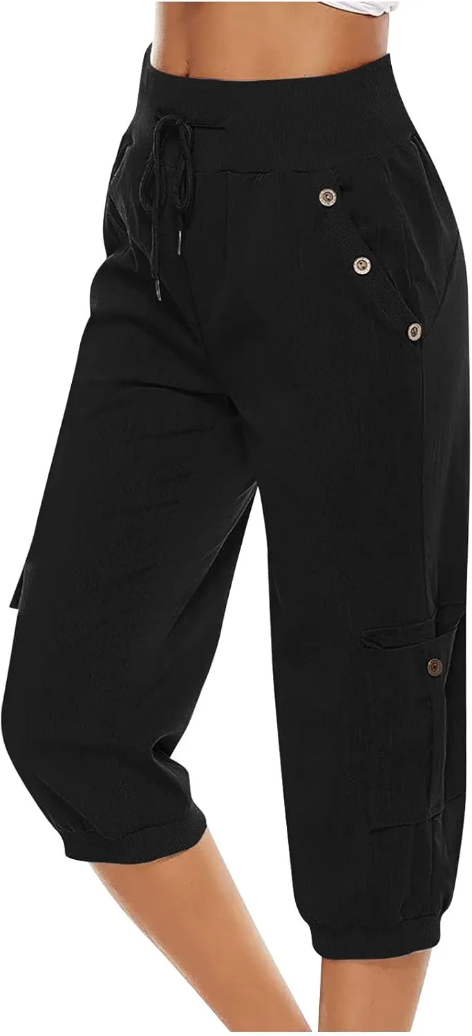 SMIDOW Capri Pants for Women Dressy Casual Drawstring Elastic High Waist Cotton Linen Trousers Active Running Sweatpants