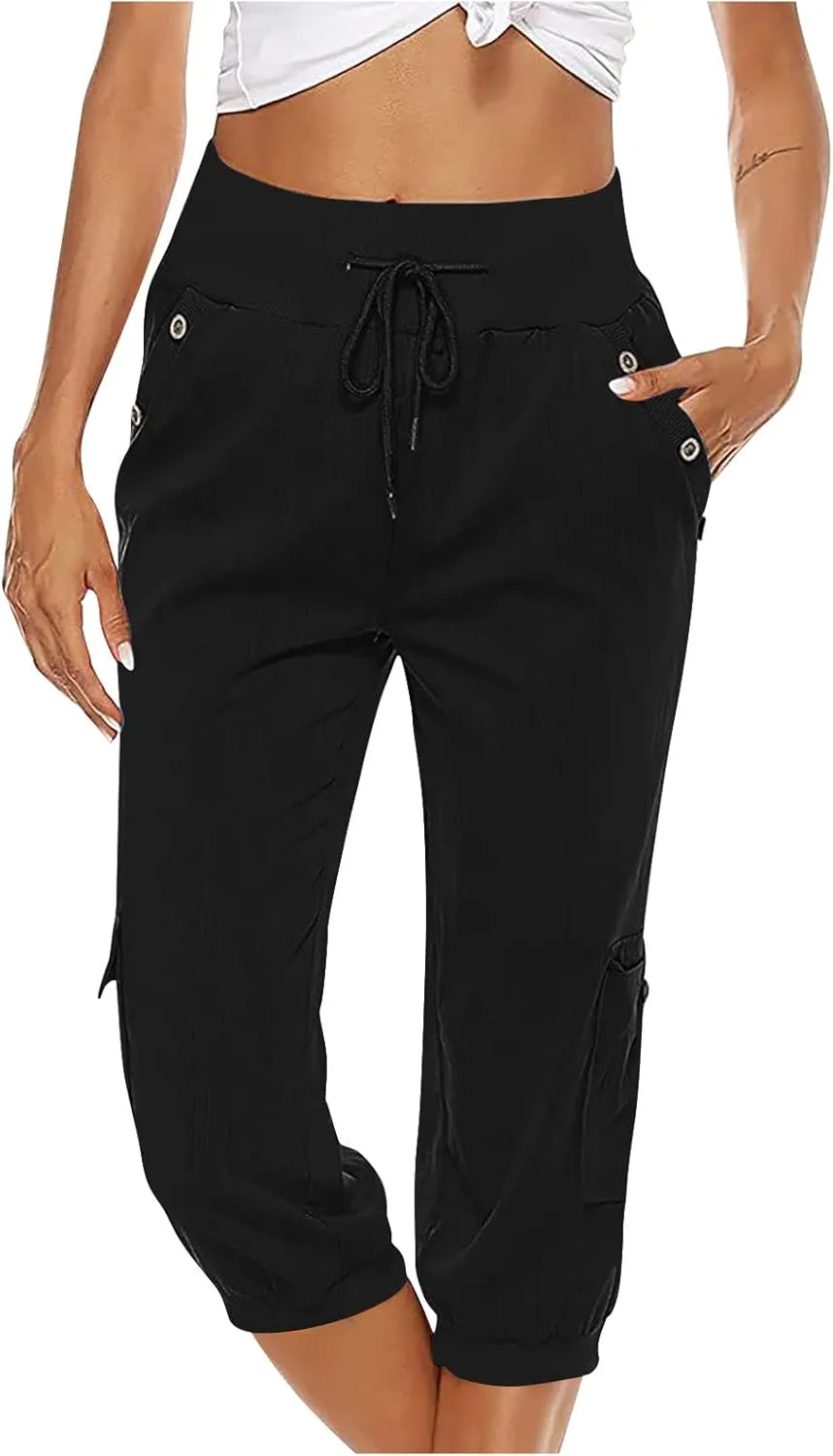 SMIDOW Capri Pants for Women Dressy Casual Drawstring Elastic High Waist Cotton Linen Trousers Active Running Sweatpants