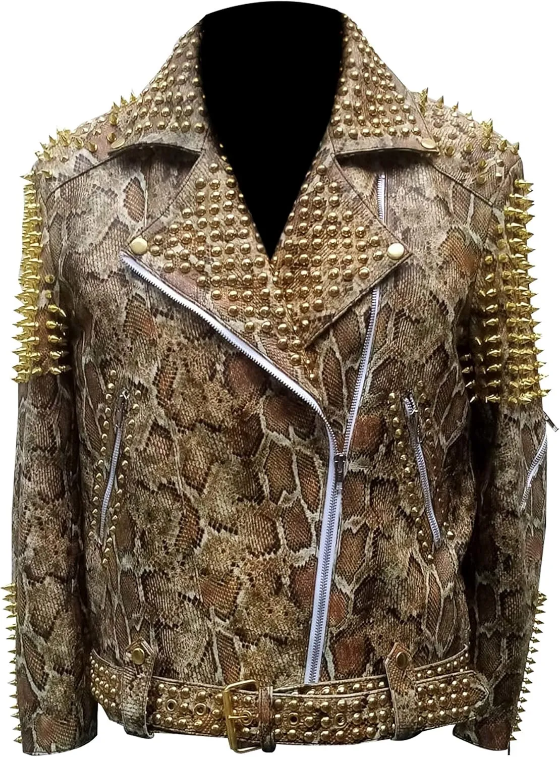 Snakeskin Print Jacket Men - Python Textured Studded Jacket - Rock Punk Spike Brando Motorcycle Leather Jacket