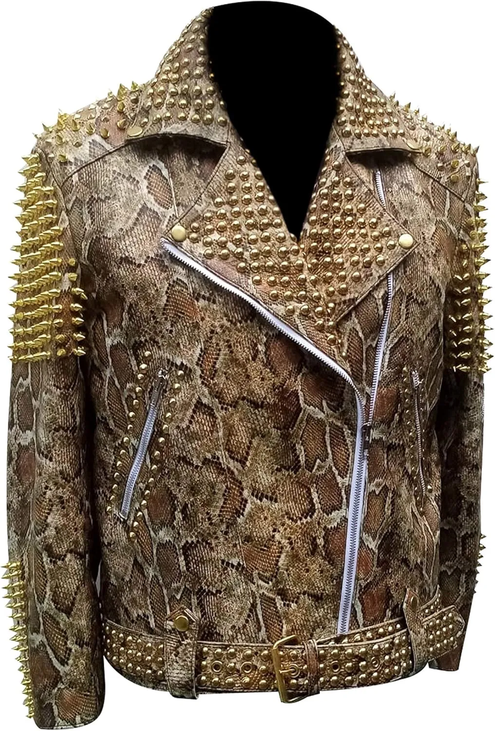 Snakeskin Print Jacket Men - Python Textured Studded Jacket - Rock Punk Spike Brando Motorcycle Leather Jacket