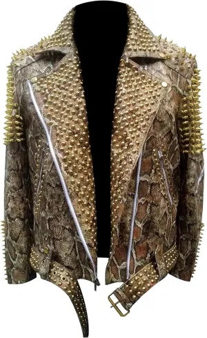Snakeskin Print Jacket Men - Python Textured Studded Jacket - Rock Punk Spike Brando Motorcycle Leather Jacket