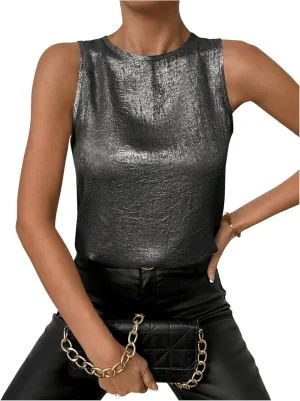 SOLY HUX Women's Metallic Tank Top Round Neck Sleeveless Casual Summer Tops