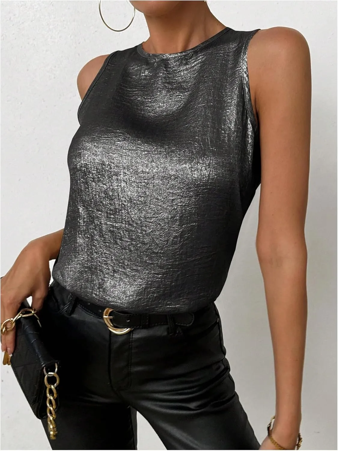 SOLY HUX Women's Metallic Tank Top Round Neck Sleeveless Casual Summer Tops