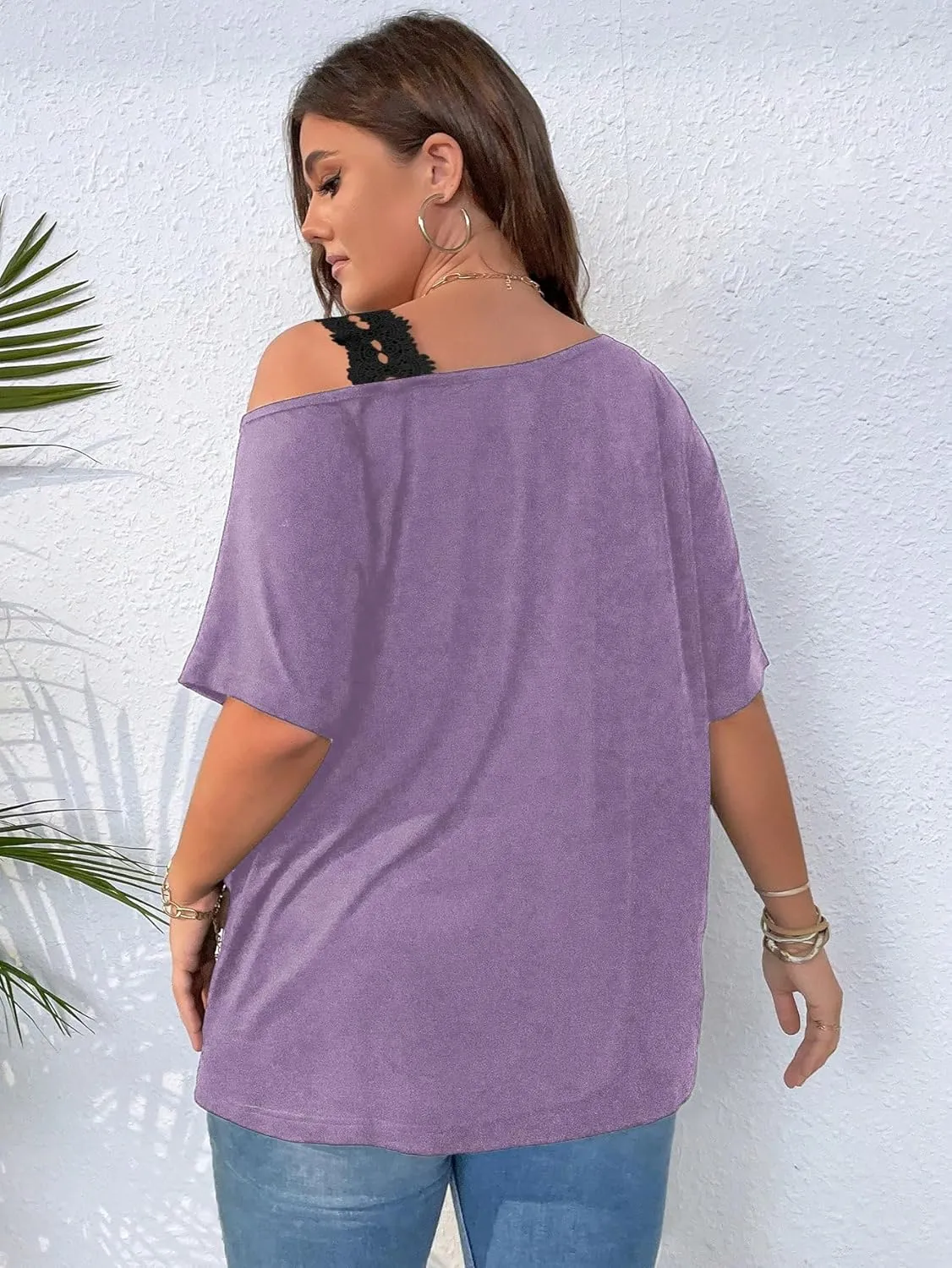 SOLY HUX Women's Plus Size Cold Shoulder Contrast Lace Short Sleeve Tee T Shirt Summer Tops