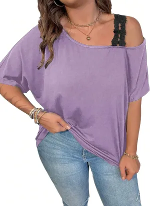 SOLY HUX Women's Plus Size Cold Shoulder Contrast Lace Short Sleeve Tee T Shirt Summer Tops
