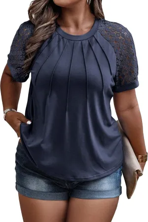 SOLY HUX Women's Plus Size Contrast Lace Short Sleeve Tee Round Neck Summer T Shirt Tops
