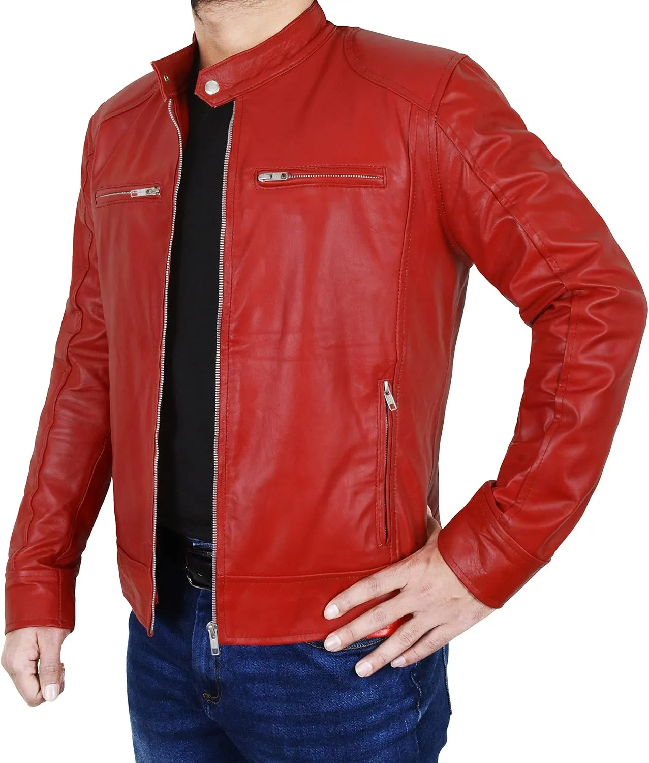 SpazeUp Vintage Motorcycle Sheepskin Leather Jackets for Men - Vintage Biker Leather Jacket Men Black Brown Red Blue