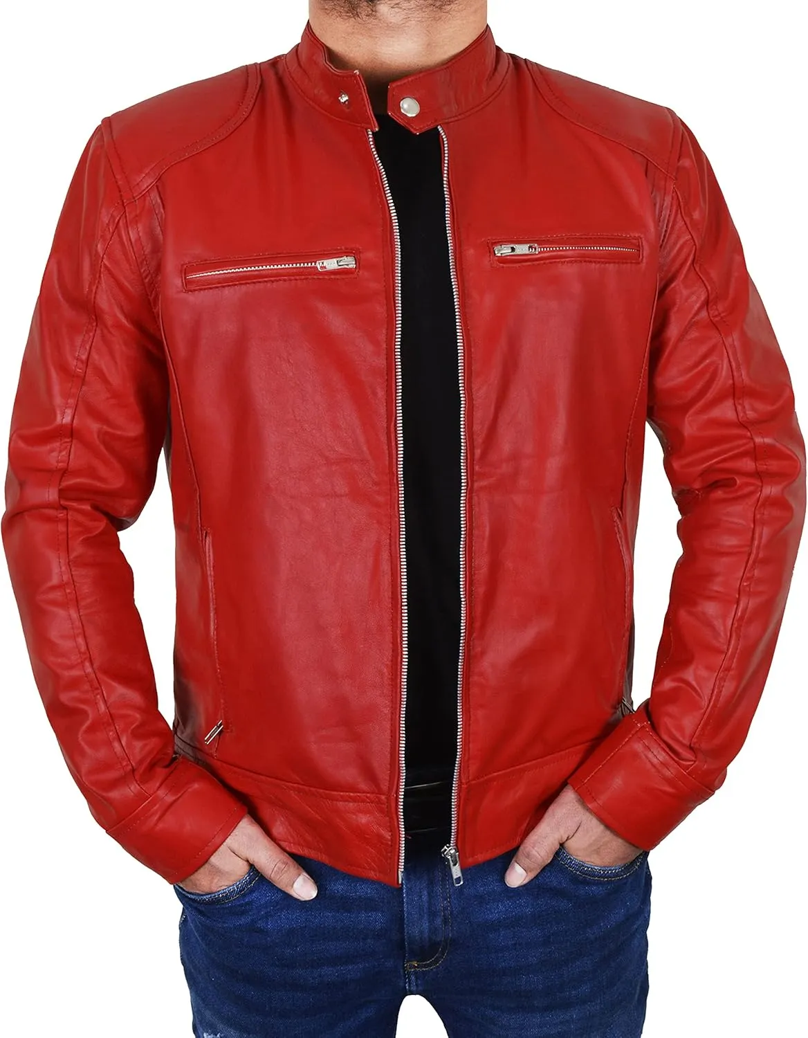 SpazeUp Vintage Motorcycle Sheepskin Leather Jackets for Men - Vintage Biker Leather Jacket Men Black Brown Red Blue