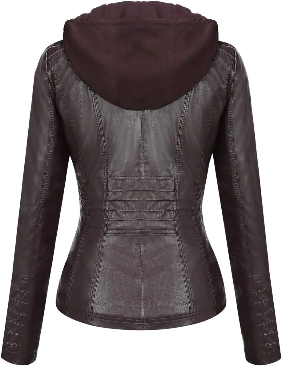 Springrain Women's Faux Leather Jacket Moto Biker Coat with Detachable Hood Motorcycle Jacket