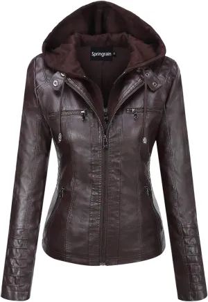 Springrain Women's Faux Leather Jacket Moto Biker Coat with Detachable Hood Motorcycle Jacket