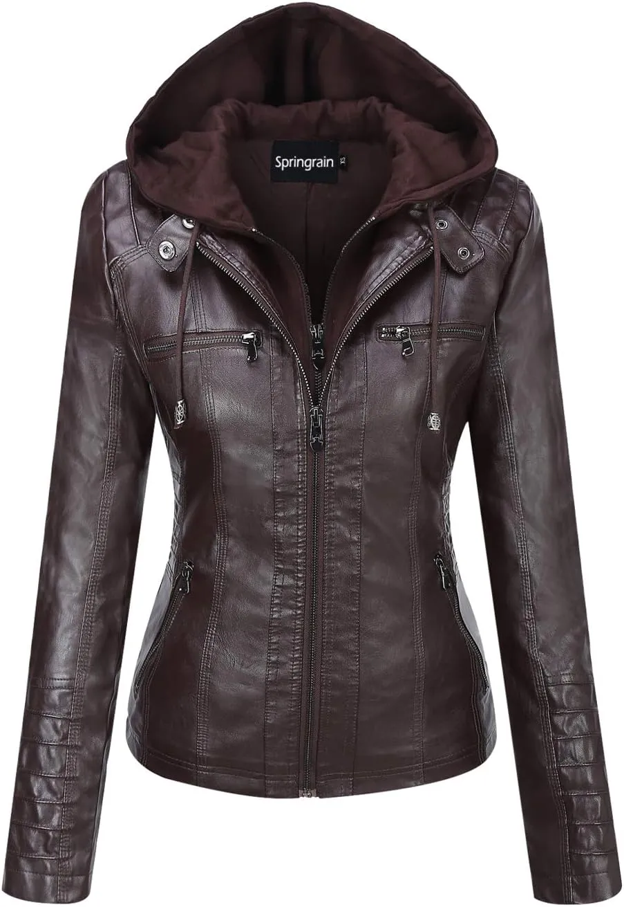 Springrain Women's Faux Leather Jacket Moto Biker Coat with Detachable Hood Motorcycle Jacket