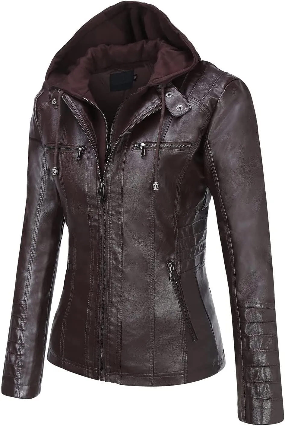 Springrain Women's Faux Leather Jacket Moto Biker Coat with Detachable Hood Motorcycle Jacket
