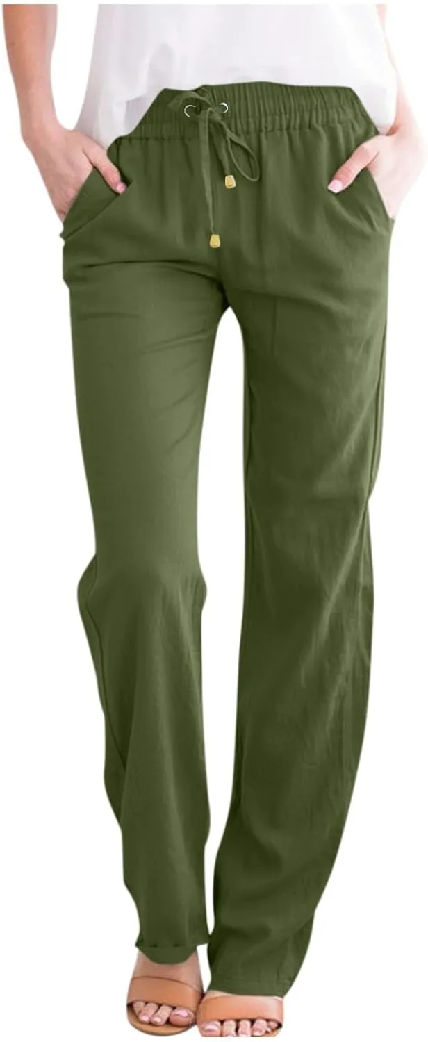 Straight Leg Linen Pants for Women,Summer Wide Leg Lounge Pants with Pockets,Drawstring High Waisted Casual Pants