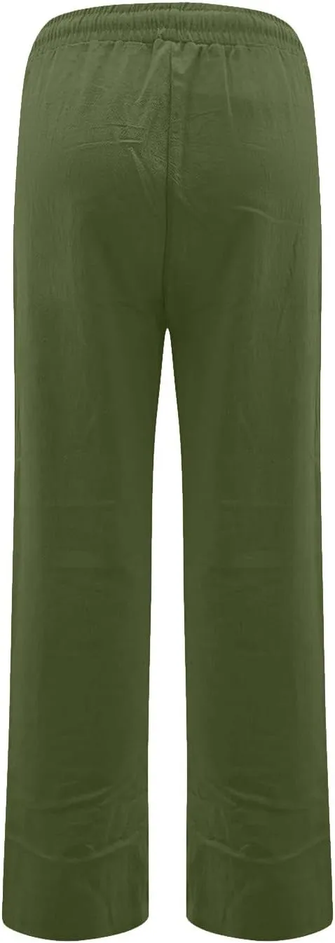 Straight Leg Linen Pants for Women,Summer Wide Leg Lounge Pants with Pockets,Drawstring High Waisted Casual Pants