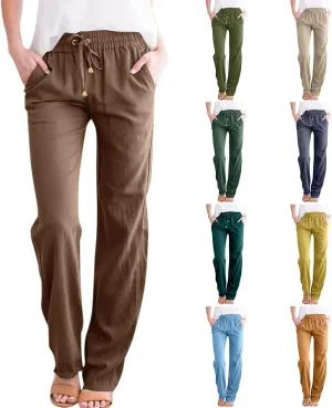 Straight Leg Linen Pants for Women,Summer Wide Leg Lounge Pants with Pockets,Drawstring High Waisted Casual Pants