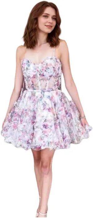 Strapless Floral Tulle Homecoming Dresses Ruffle Embellished Short Corset Top Prom Dresses