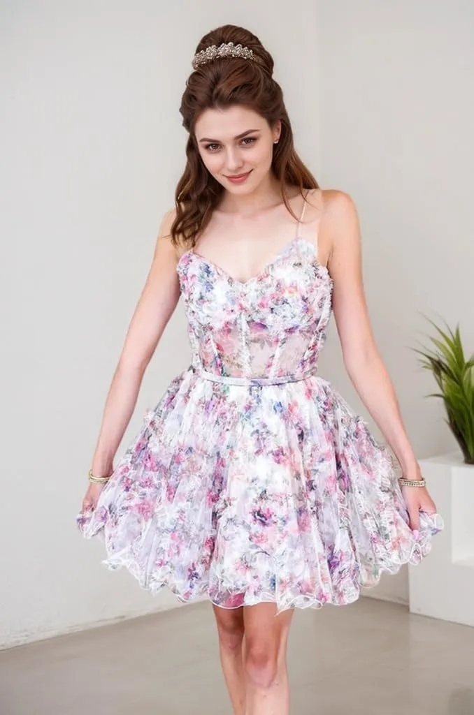 Strapless Floral Tulle Homecoming Dresses Ruffle Embellished Short Corset Top Prom Dresses