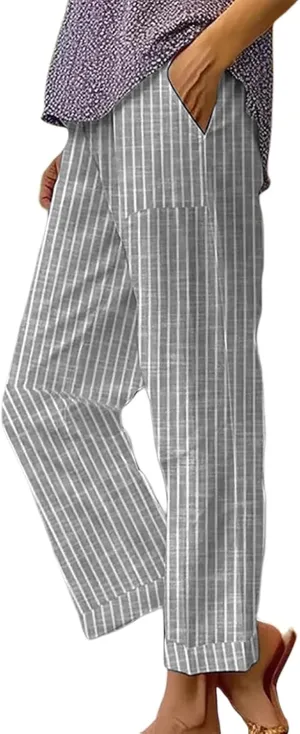 Striped Pants for Women Linen Striped Crop Casual Pants Summer Baggy Elastic High Waist Straight Leg Comfy Trousers