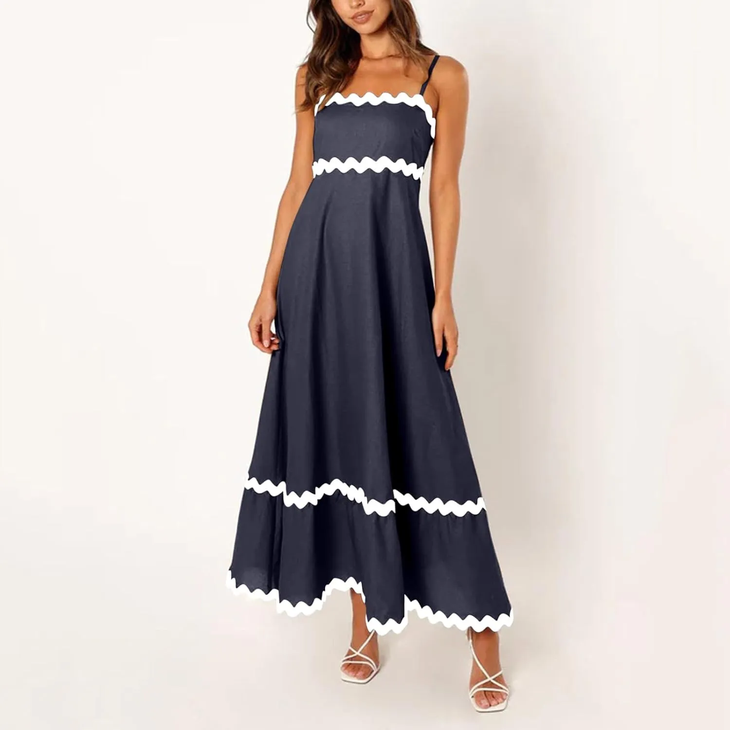 Summer Casual Dresses for Women 2024 Trendy Striped Sleeveless Spaghetti Strap A Line Sundress Elegant Flowy Long Maxi Dress