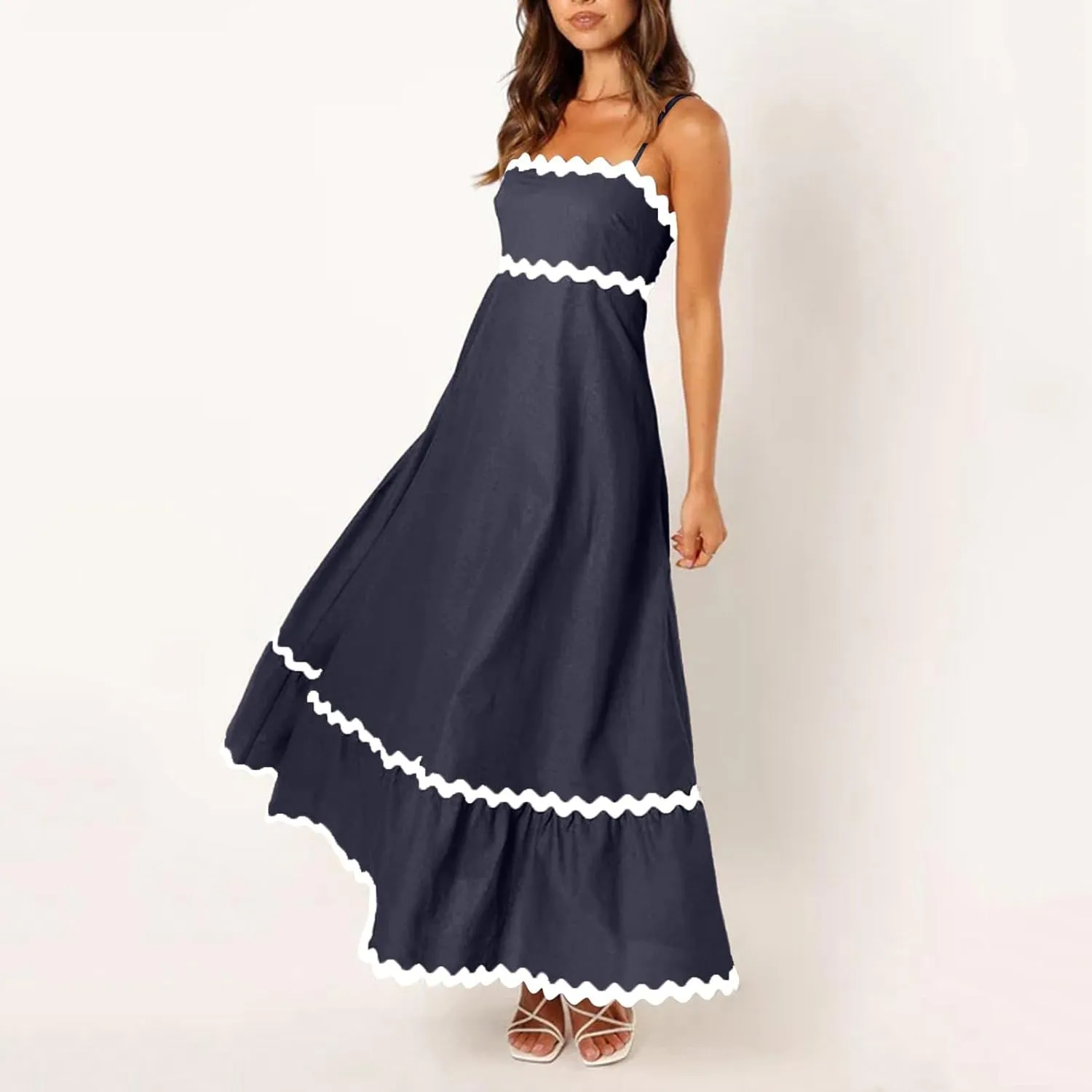 Summer Casual Dresses for Women 2024 Trendy Striped Sleeveless Spaghetti Strap A Line Sundress Elegant Flowy Long Maxi Dress