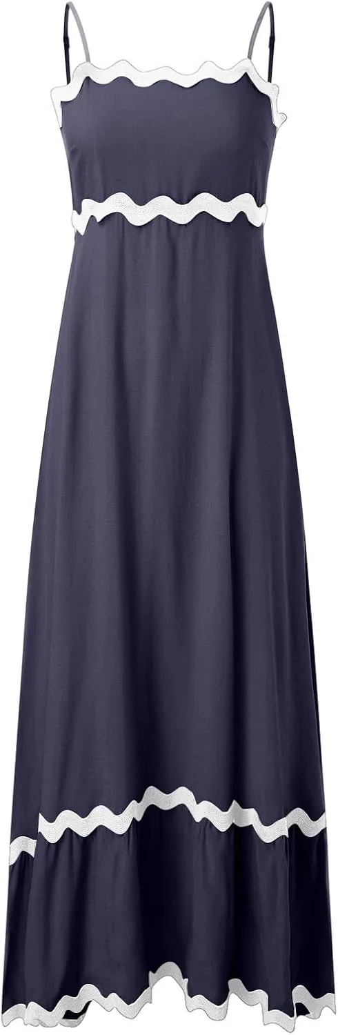 Summer Casual Dresses for Women 2024 Trendy Striped Sleeveless Spaghetti Strap A Line Sundress Elegant Flowy Long Maxi Dress