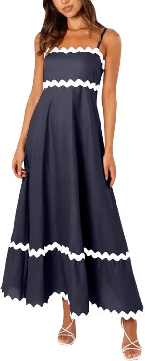 Summer Casual Dresses for Women 2024 Trendy Striped Sleeveless Spaghetti Strap A Line Sundress Elegant Flowy Long Maxi Dress