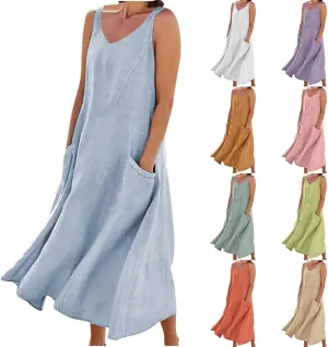 Summer Dresses for Women 2025 Cotton Linen Sleeveless Elegant Flowy Plus Size Loose Comfy Dress with Pockets