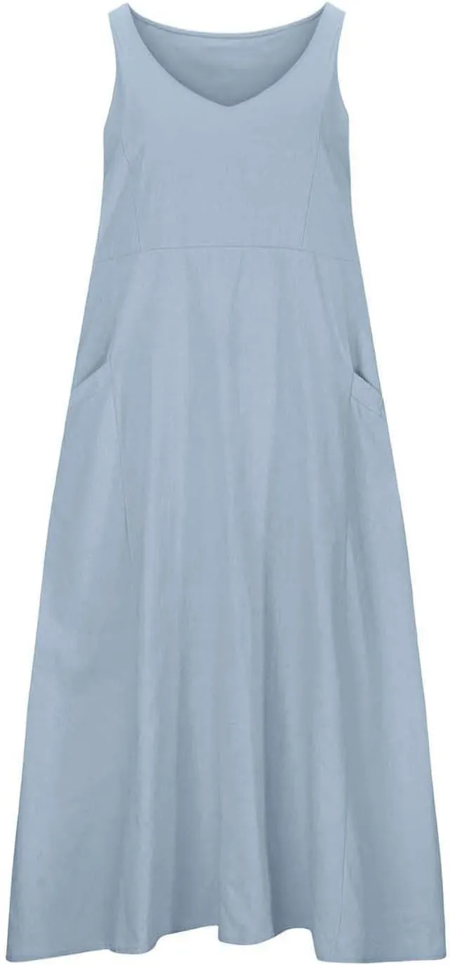 Summer Dresses for Women 2025 Cotton Linen Sleeveless Elegant Flowy Plus Size Loose Comfy Dress with Pockets