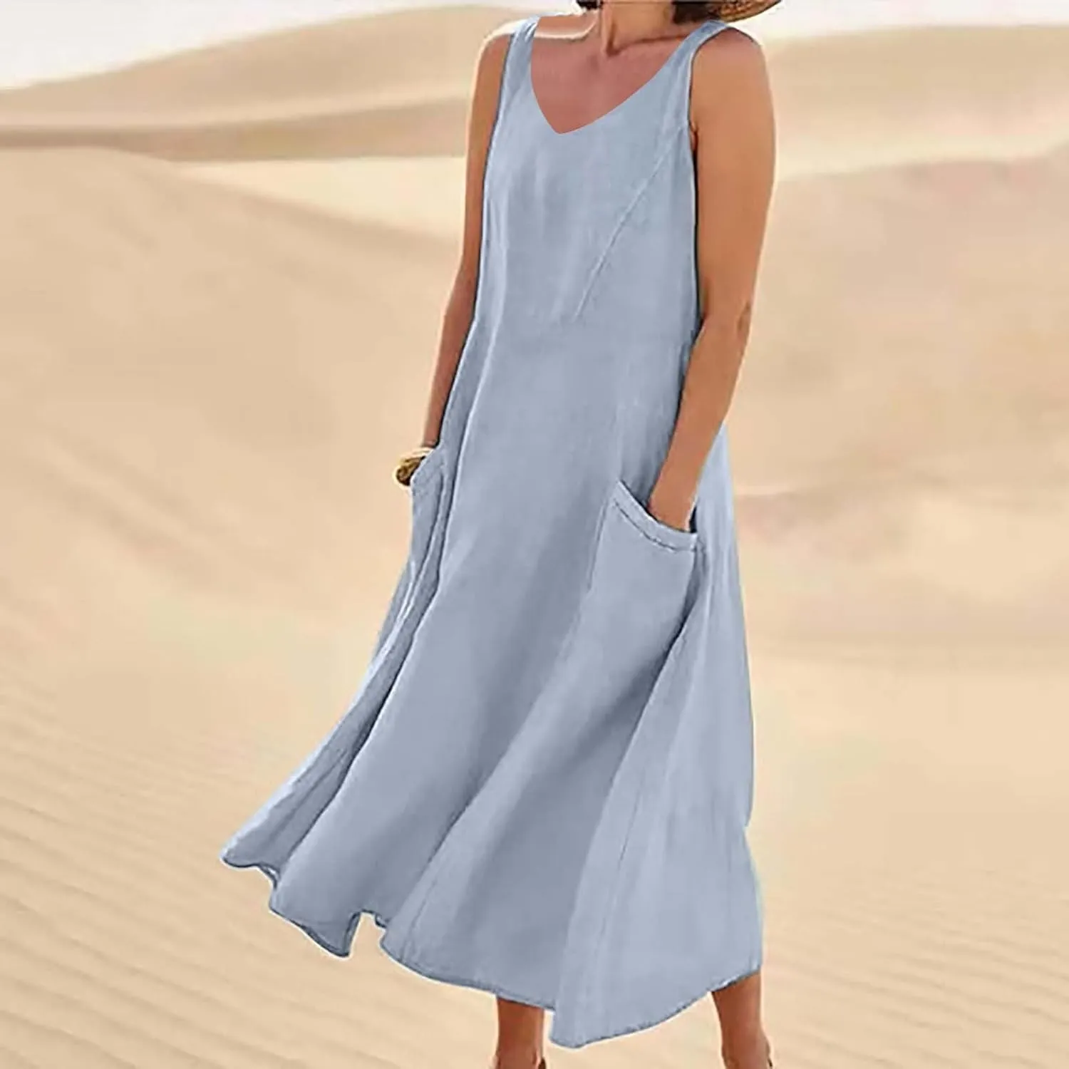 Summer Dresses for Women 2025 Cotton Linen Sleeveless Elegant Flowy Plus Size Loose Comfy Dress with Pockets