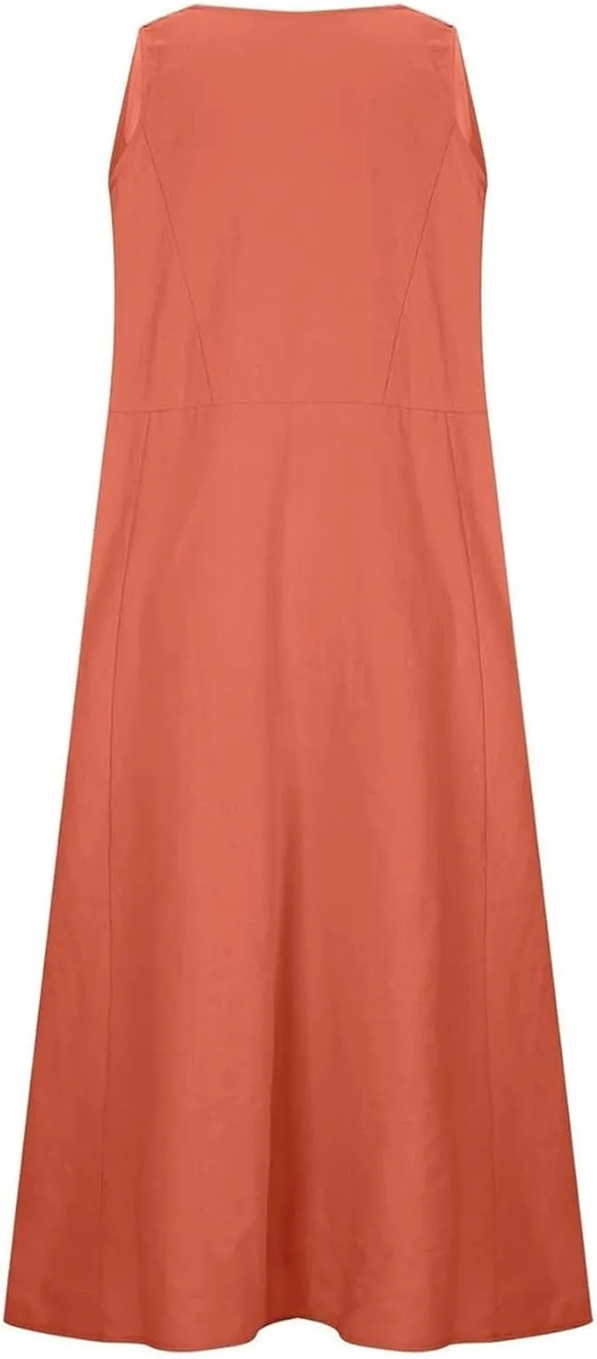 Summer Dresses for Women 2025 Cotton Linen Sleeveless Elegant Flowy Plus Size Loose Comfy Dress with Pockets