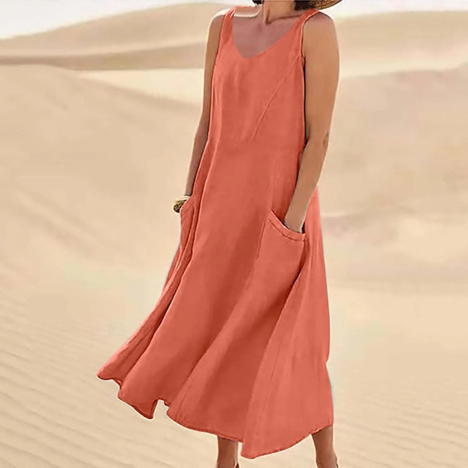 Summer Dresses for Women 2025 Cotton Linen Sleeveless Elegant Flowy Plus Size Loose Comfy Dress with Pockets