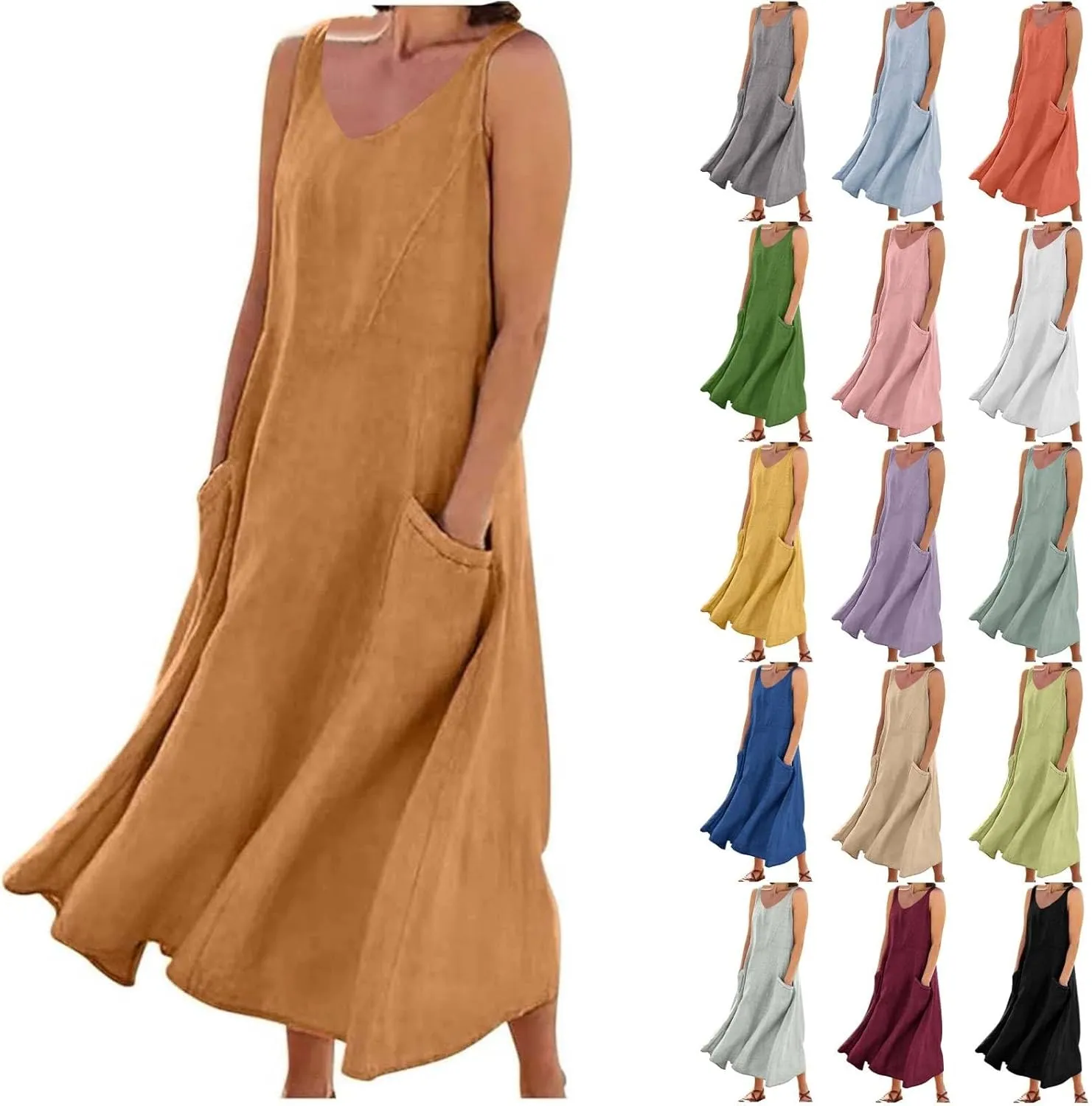 Summer Dresses for Women 2025 Cotton Linen Sleeveless Elegant Flowy Plus Size Loose Comfy Dress with Pockets
