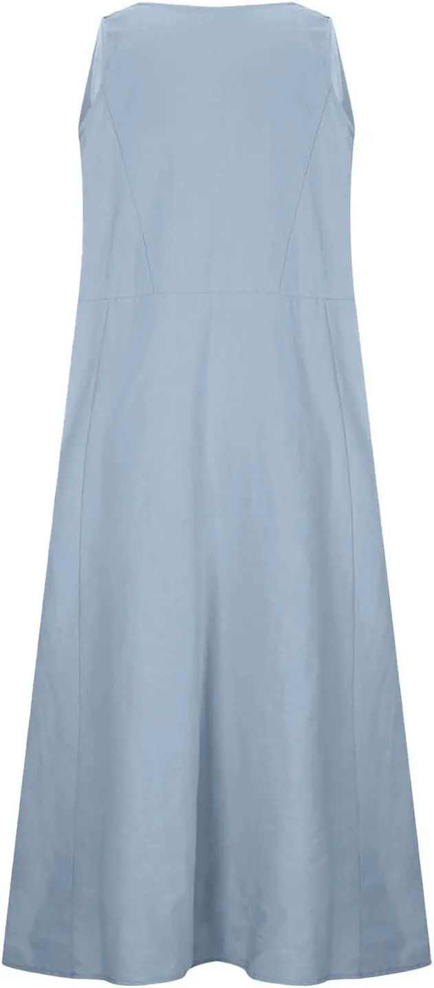 Summer Dresses for Women 2025 Cotton Linen Sleeveless Elegant Flowy Plus Size Loose Comfy Dress with Pockets