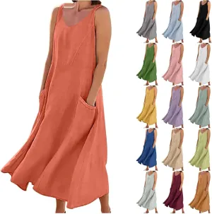 Summer Dresses for Women 2025 Cotton Linen Sleeveless Elegant Flowy Plus Size Loose Comfy Dress with Pockets